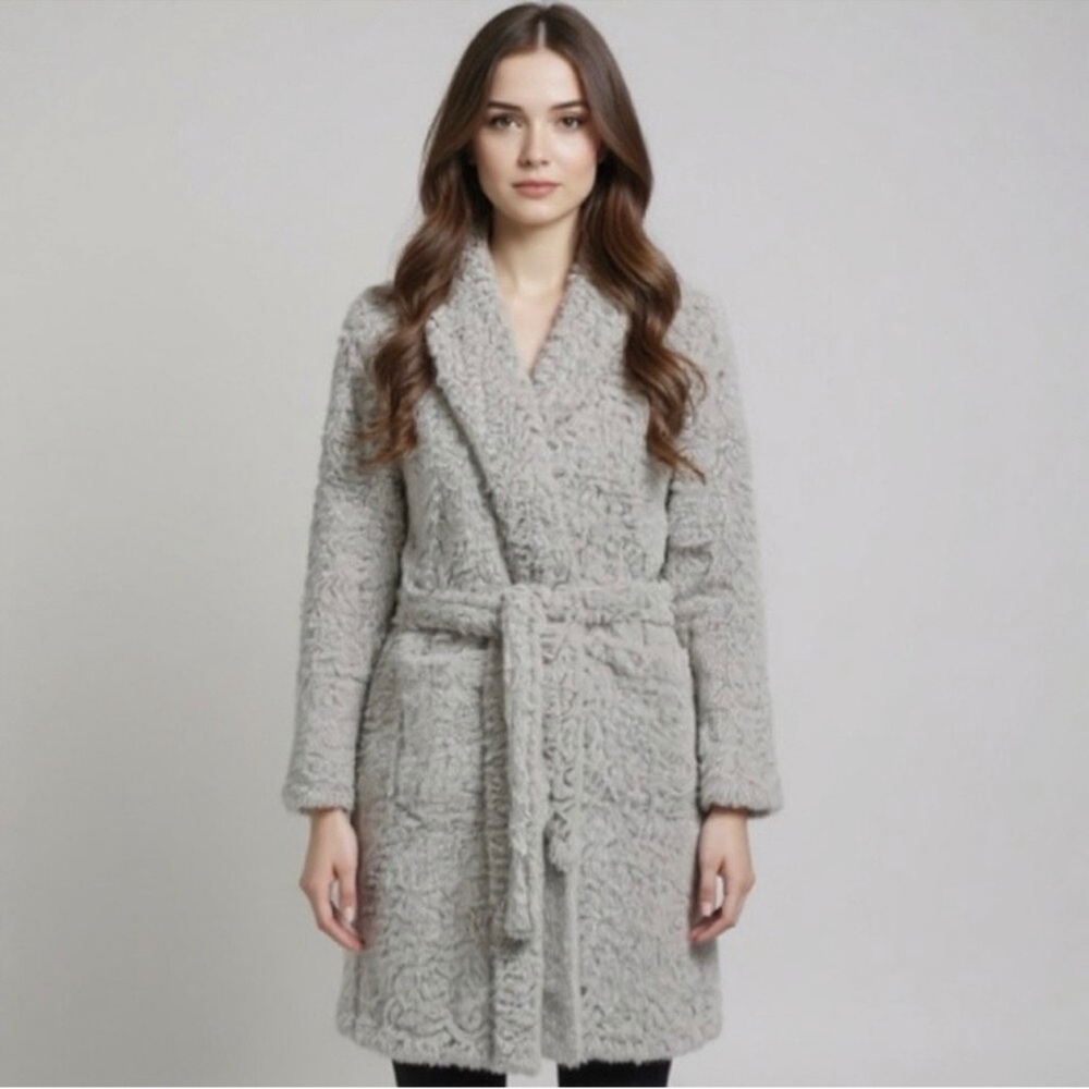 Pottery Barn gray soft teddy bear plush cozy size large lounging robe